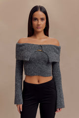 Baxter Off Shoulder Fluffy Knit Top - Charcoal