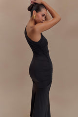 Chloe Peached Jersey One Shoulder Midi Dress - Black