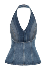 India Button Front Halter Denim Longline Top - Washed Mid Blue