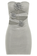 Korinna Strapless Rose Diamante Mini Dress - Silver