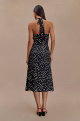 Marguerite Satin Halter Midi Dress - Black Polka Dot Print