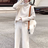 Autumn And Winter 2025 New Lazy Wind Loose High-Necked Sweater Suit Women's Fashionable Broad Leg Pants Two Sets Of Women HZ1220