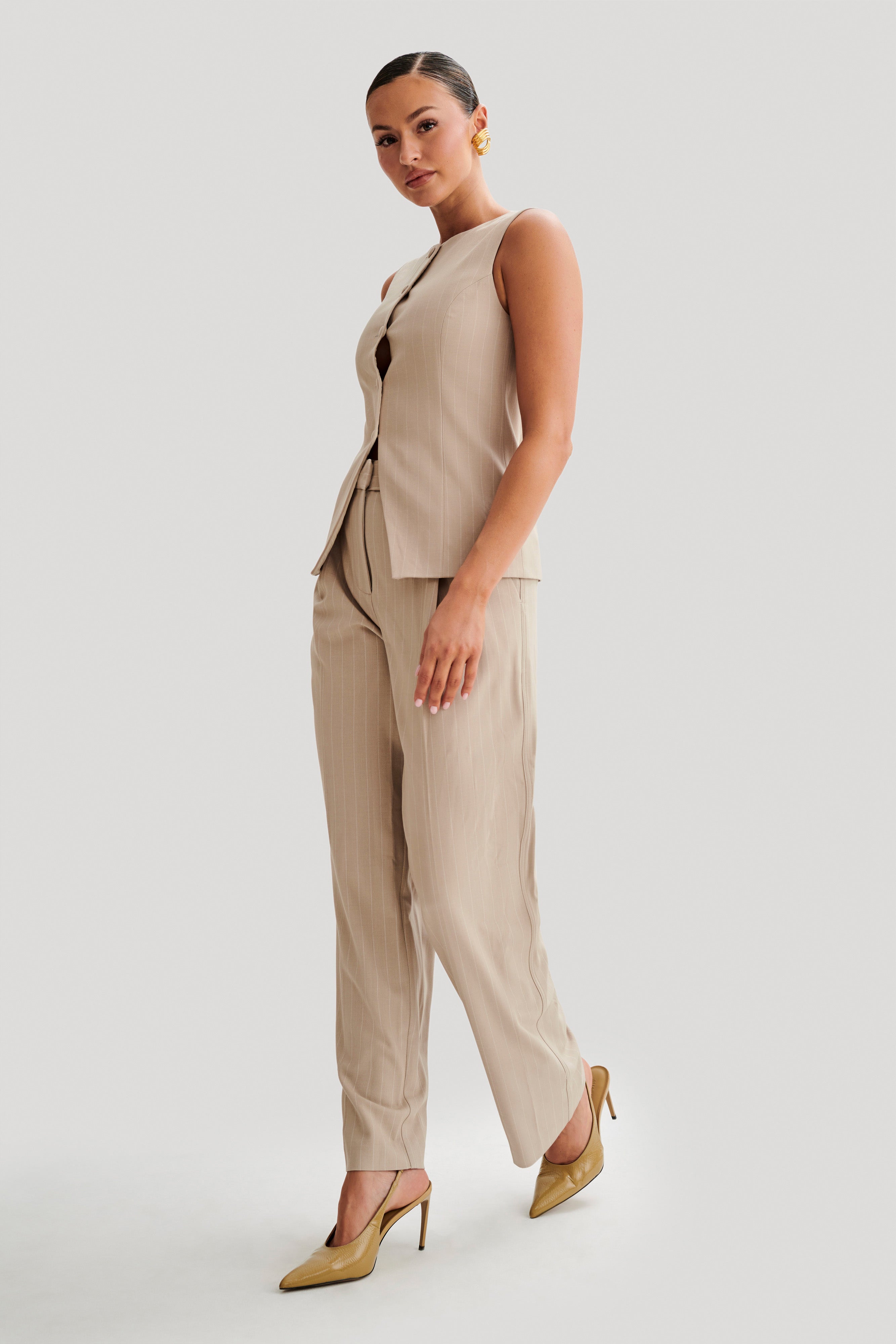 Amelie Suiting Straight Leg Pants - Taupe Pinstripe