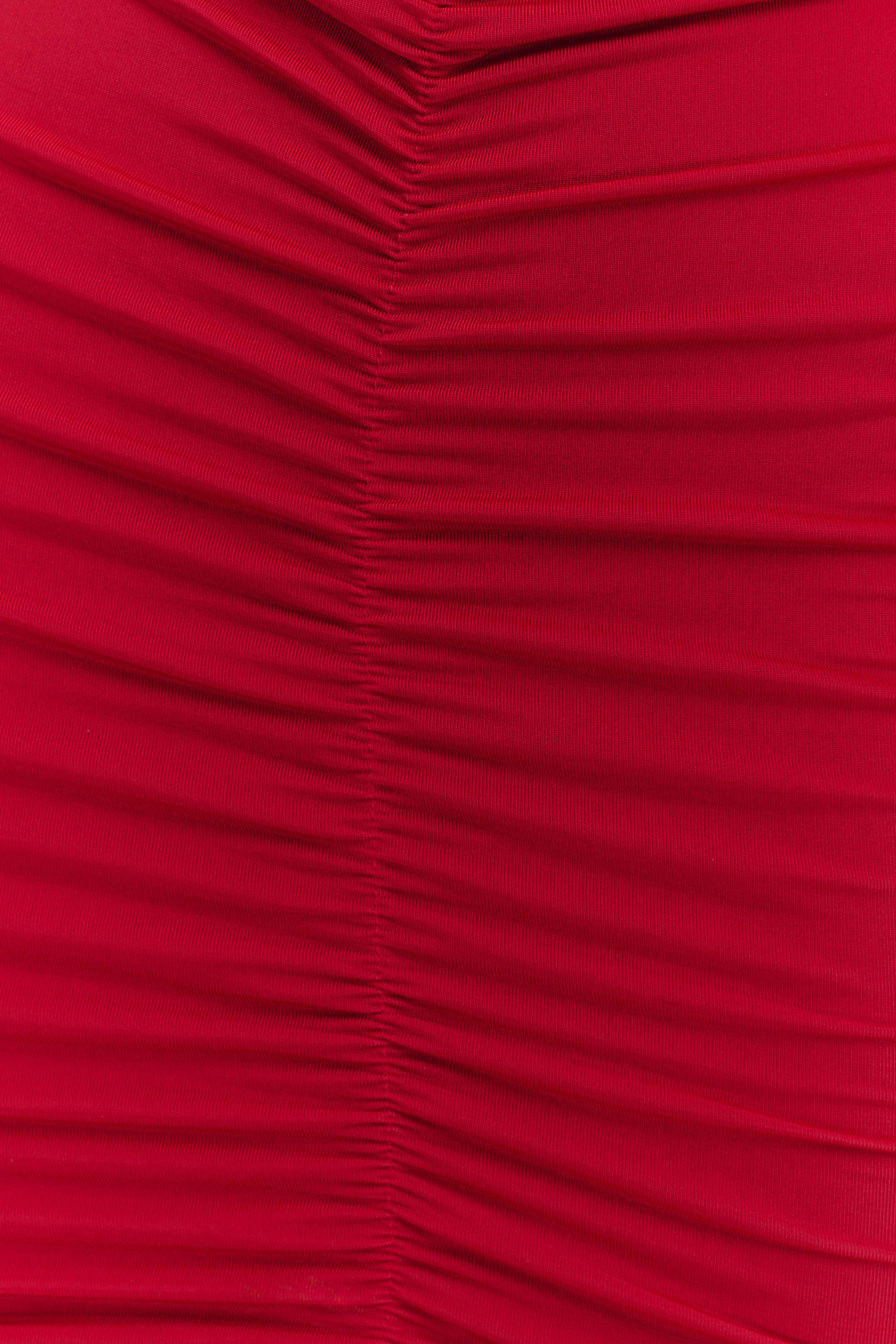 Caspian Slinky And Mesh Off Shoulder Mini Dress - Ruby