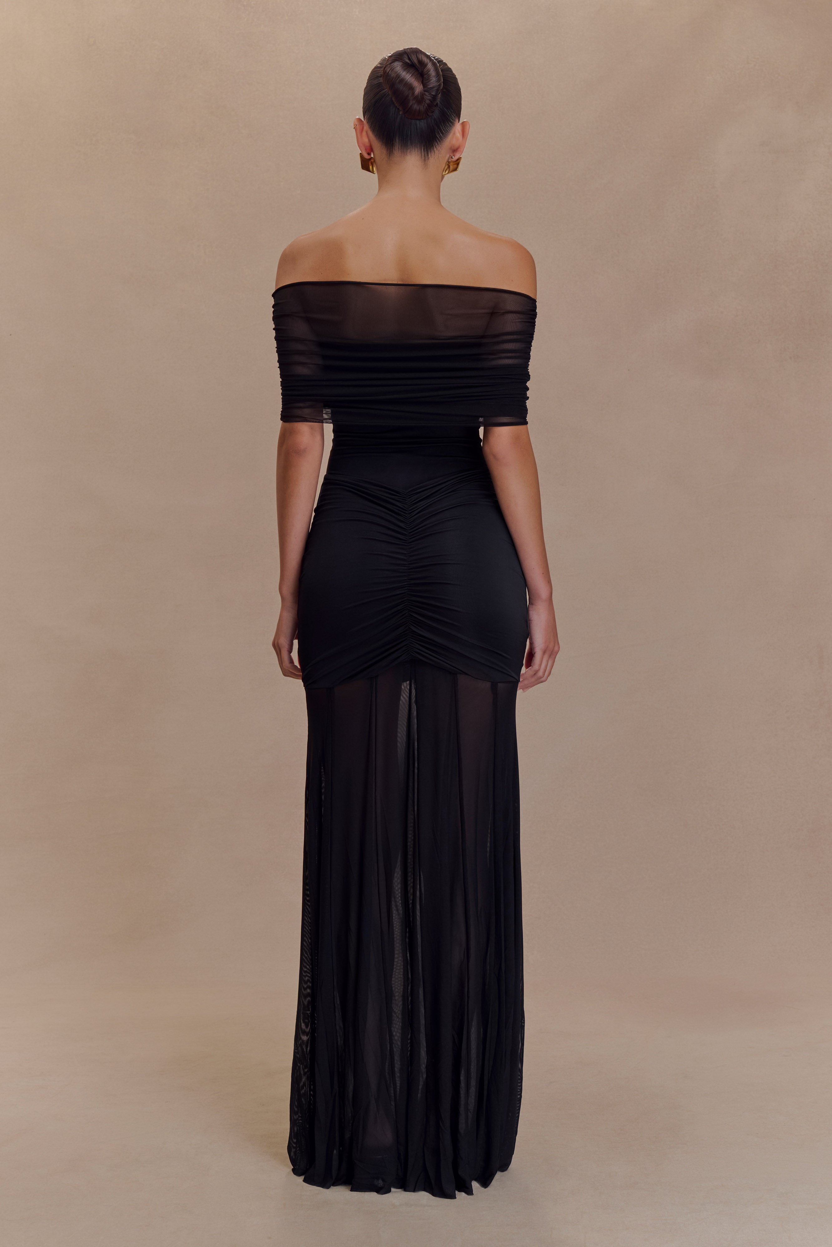 Caspian Slinky And Mesh Off Shoulder Maxi Dress - Black