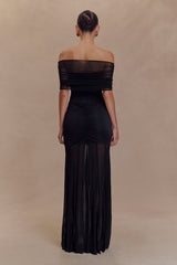 Caspian Slinky And Mesh Off Shoulder Maxi Dress - Black