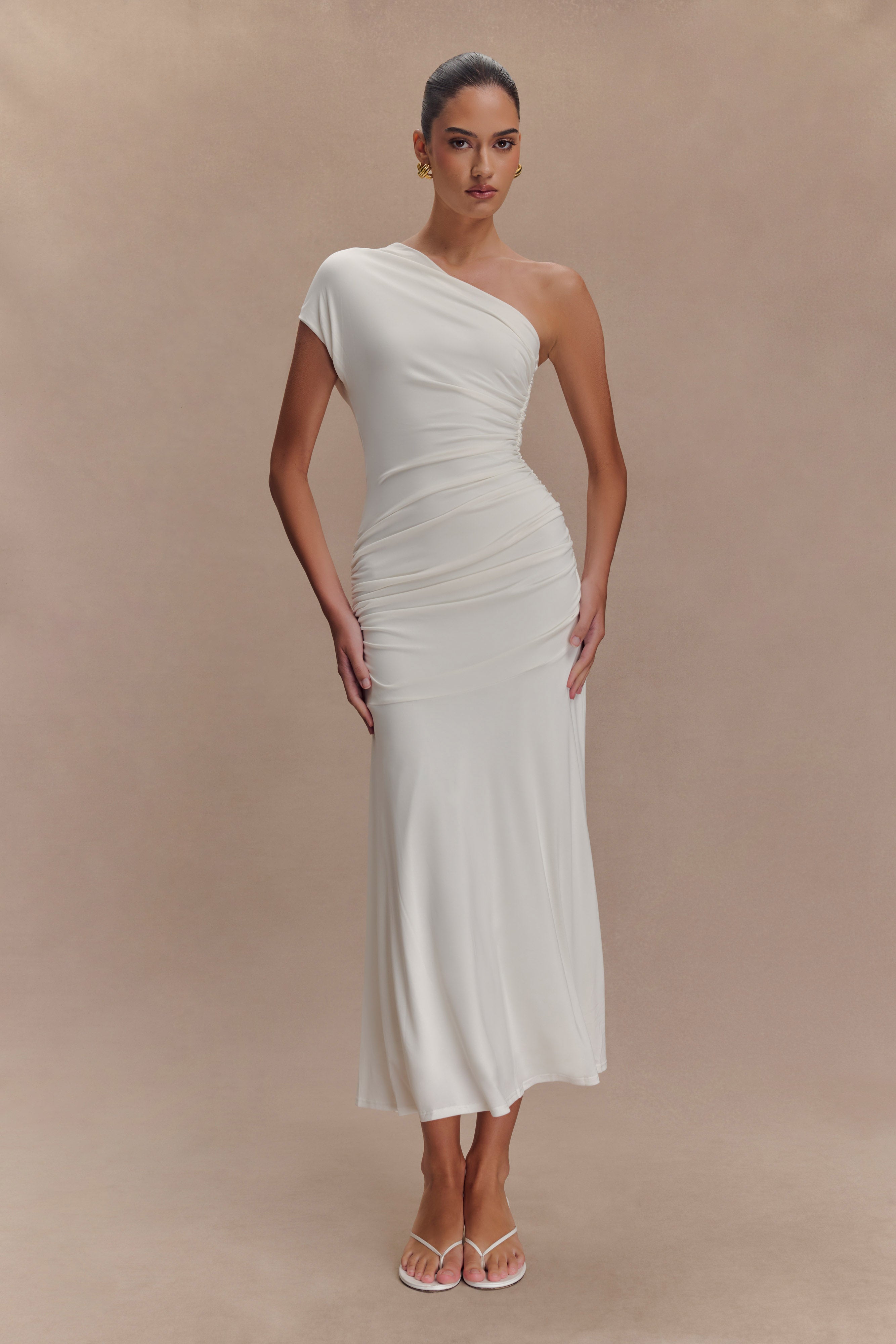 Chloe Peached Jersey One Shoulder Midi Dress - Ivory