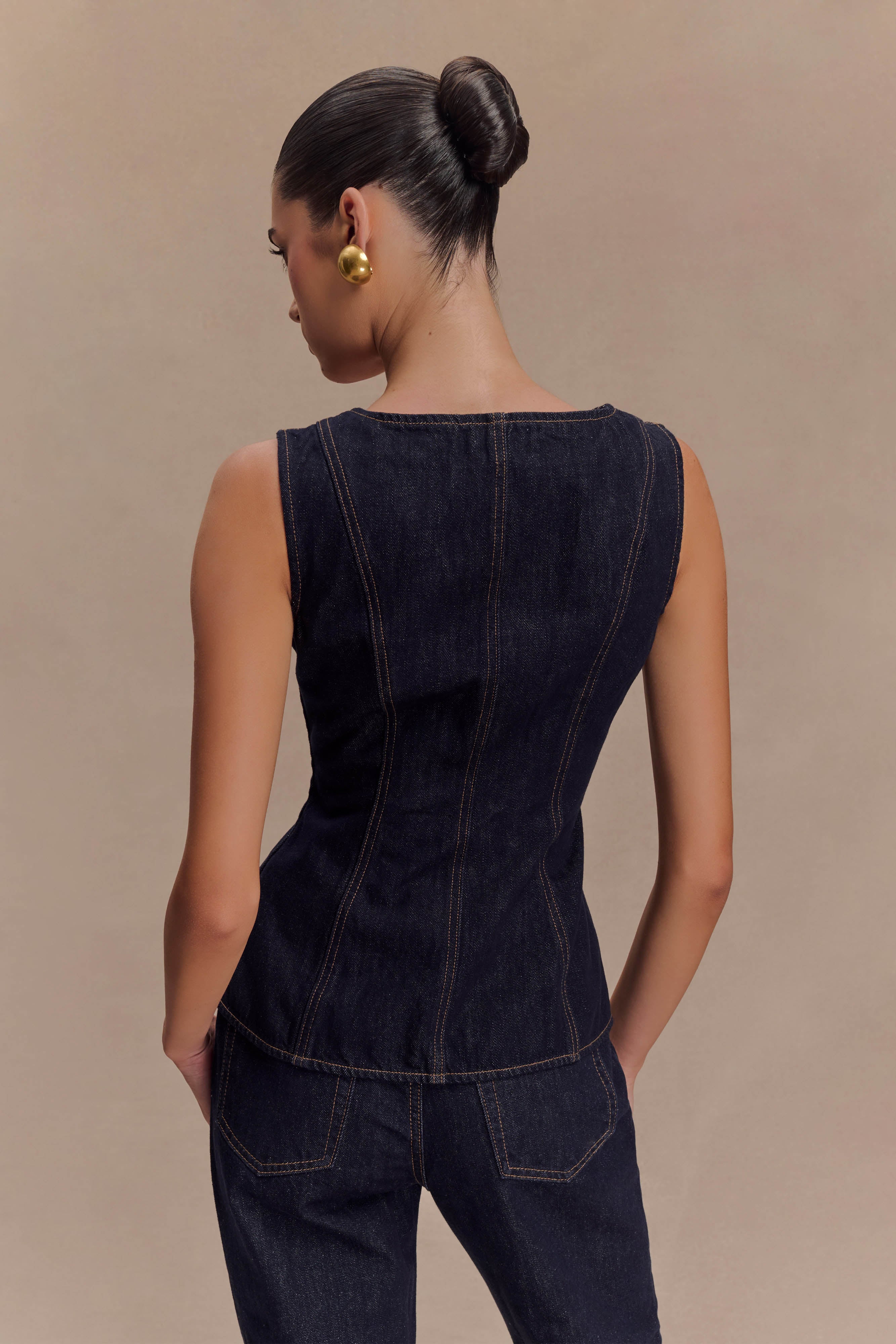 Neve Sleeveless Buttoned Denim Top - Washed Indigo Blue