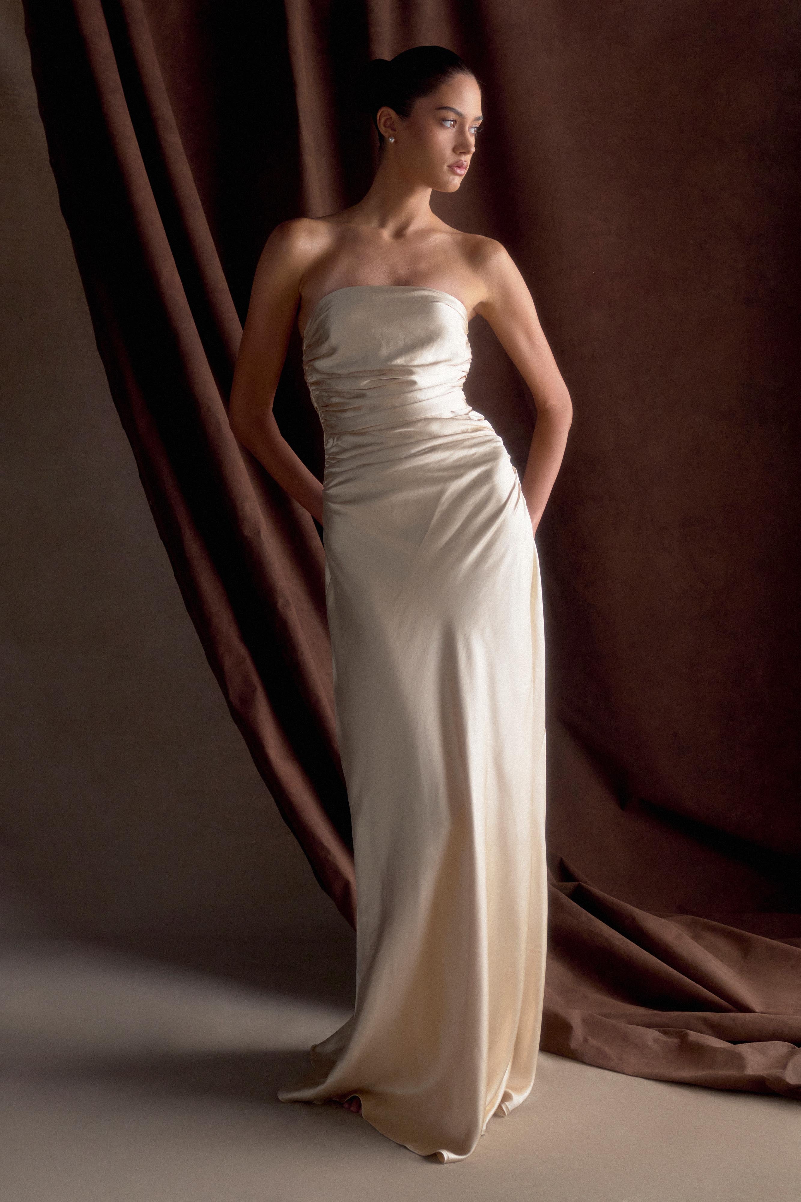 Cedar Strapless Satin Maxi Dress - Blush Gold