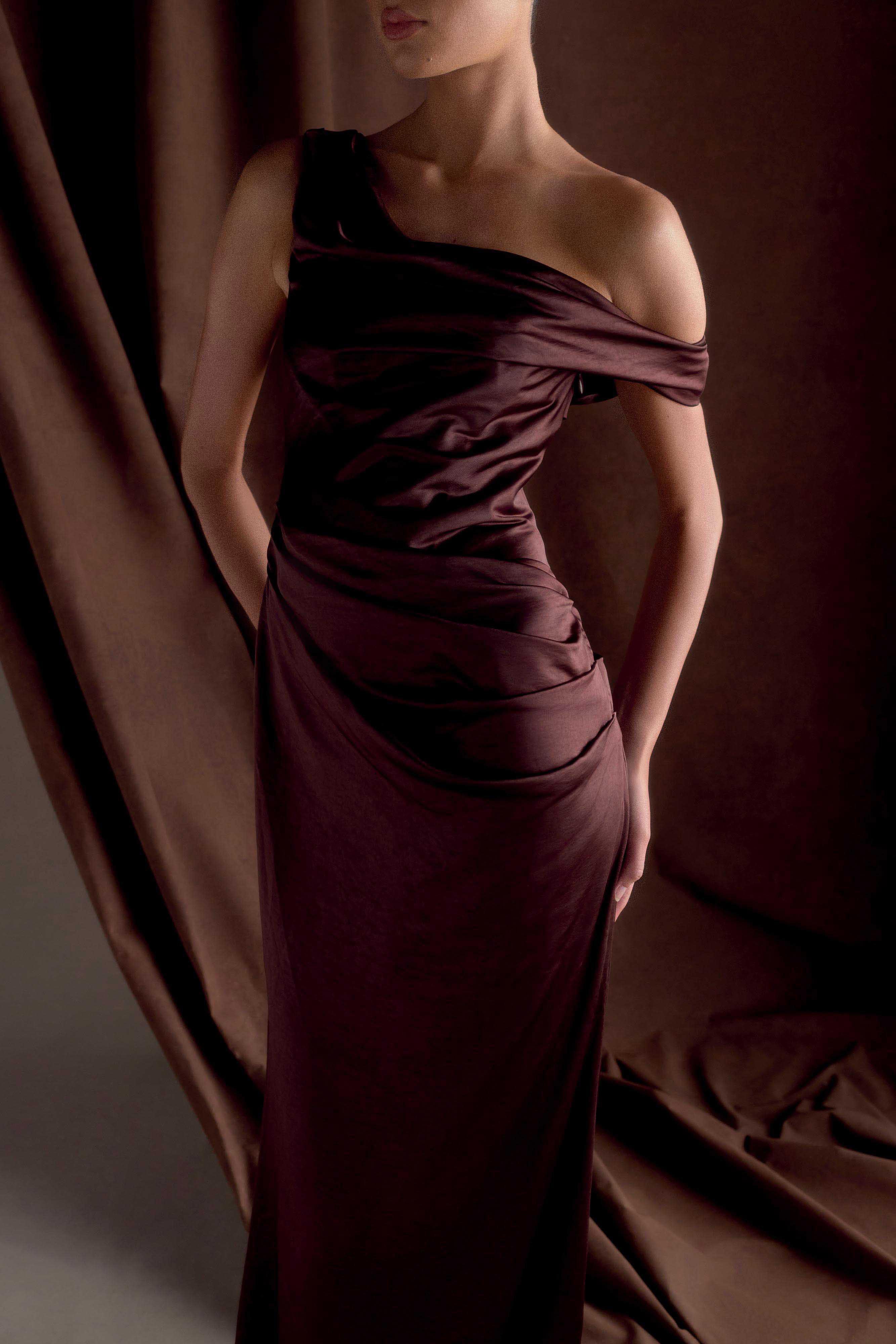 Dalia Off Shoulder Satin Maxi Dress - Dark Chocolate