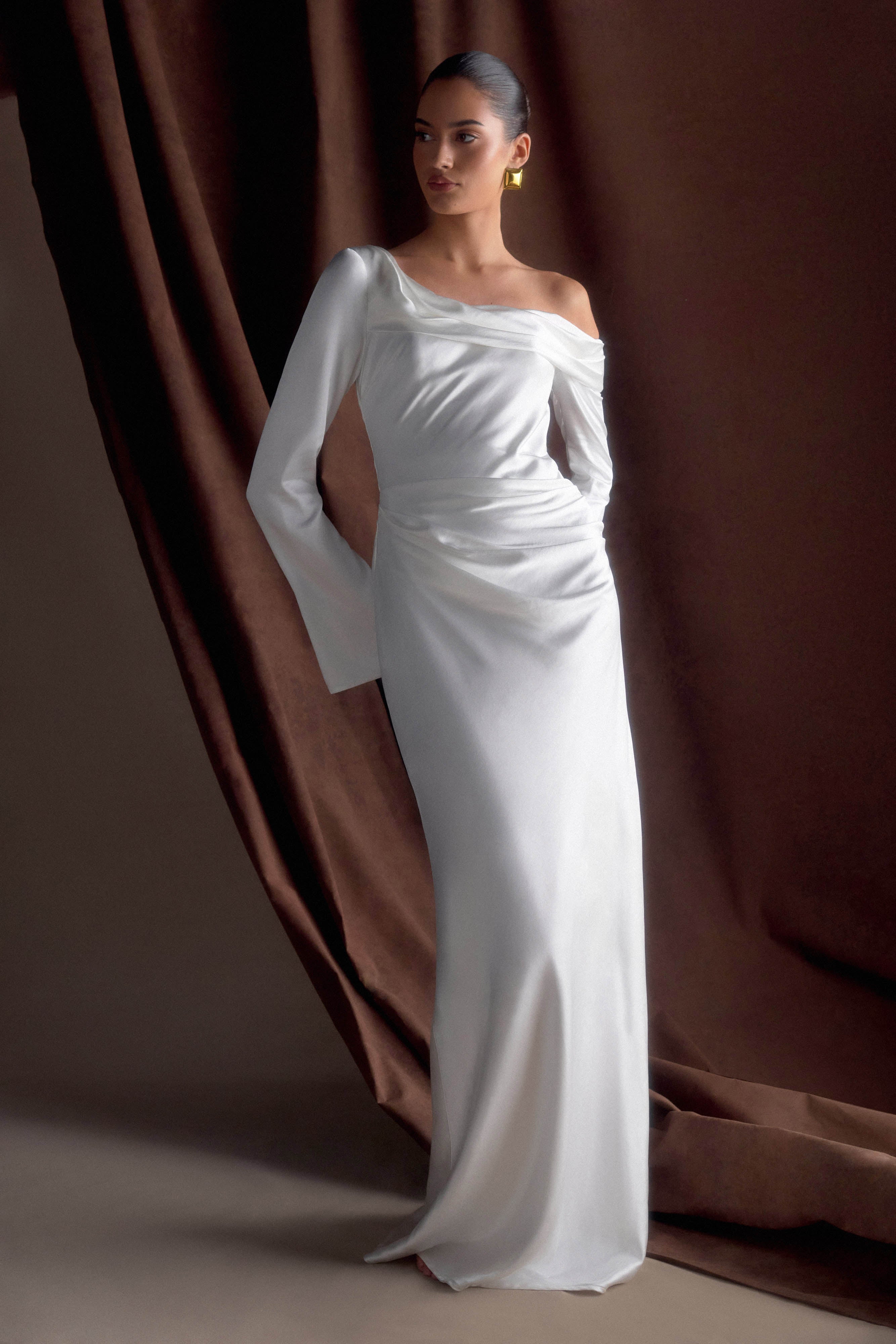 Iris Long Sleeve Satin Maxi Dress - White