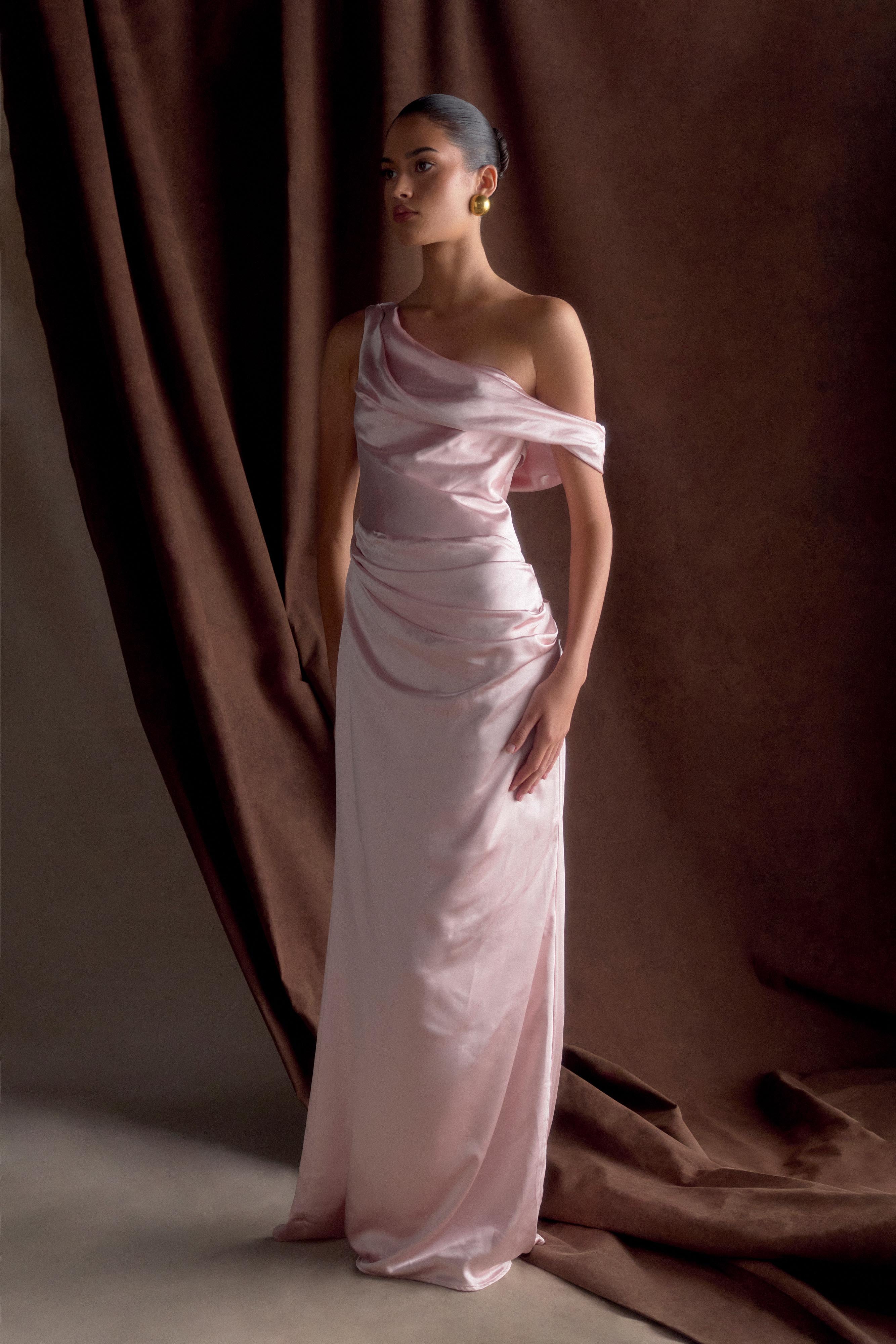 Dalia Off Shoulder Satin Maxi Dress - Soft Pink