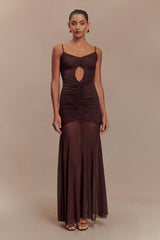 Delaney Slinky And Mesh Maxi Dress - Chocolate