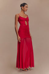Delaney Slinky And Mesh Maxi Dress - Red
