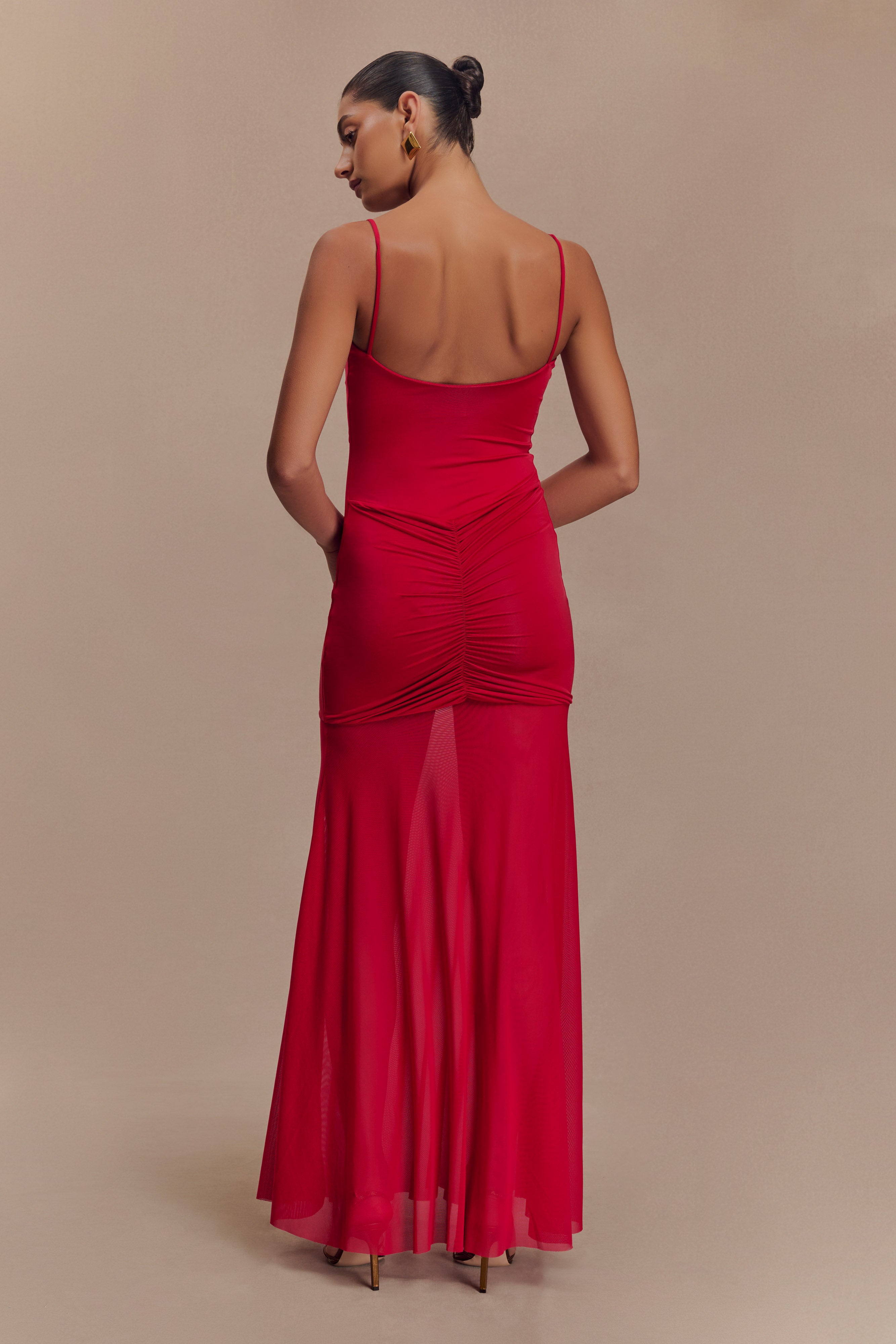 Delaney Slinky And Mesh Maxi Dress - Red