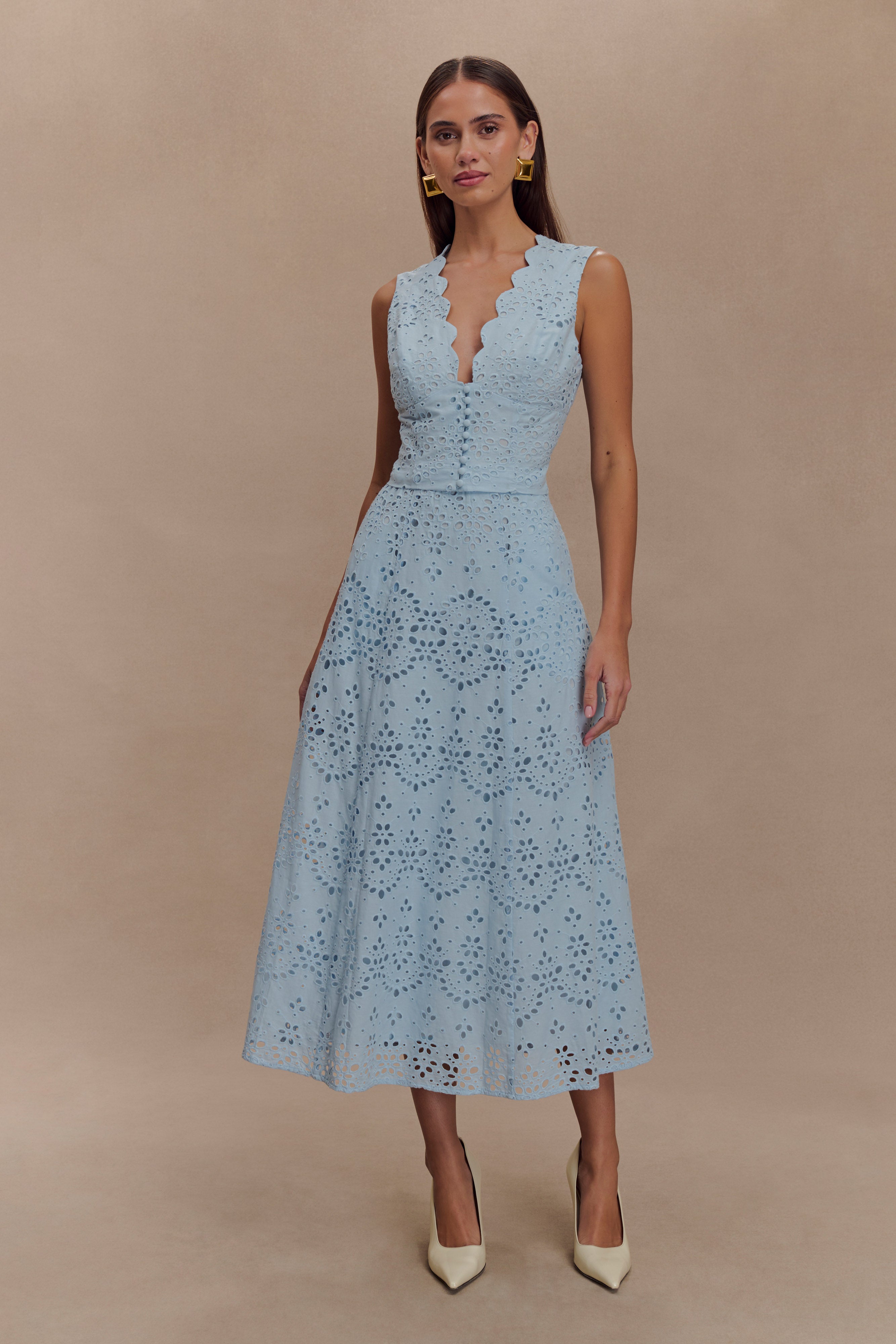 Arla Sleeveless Broderie Top - Pale Cornflower Blue