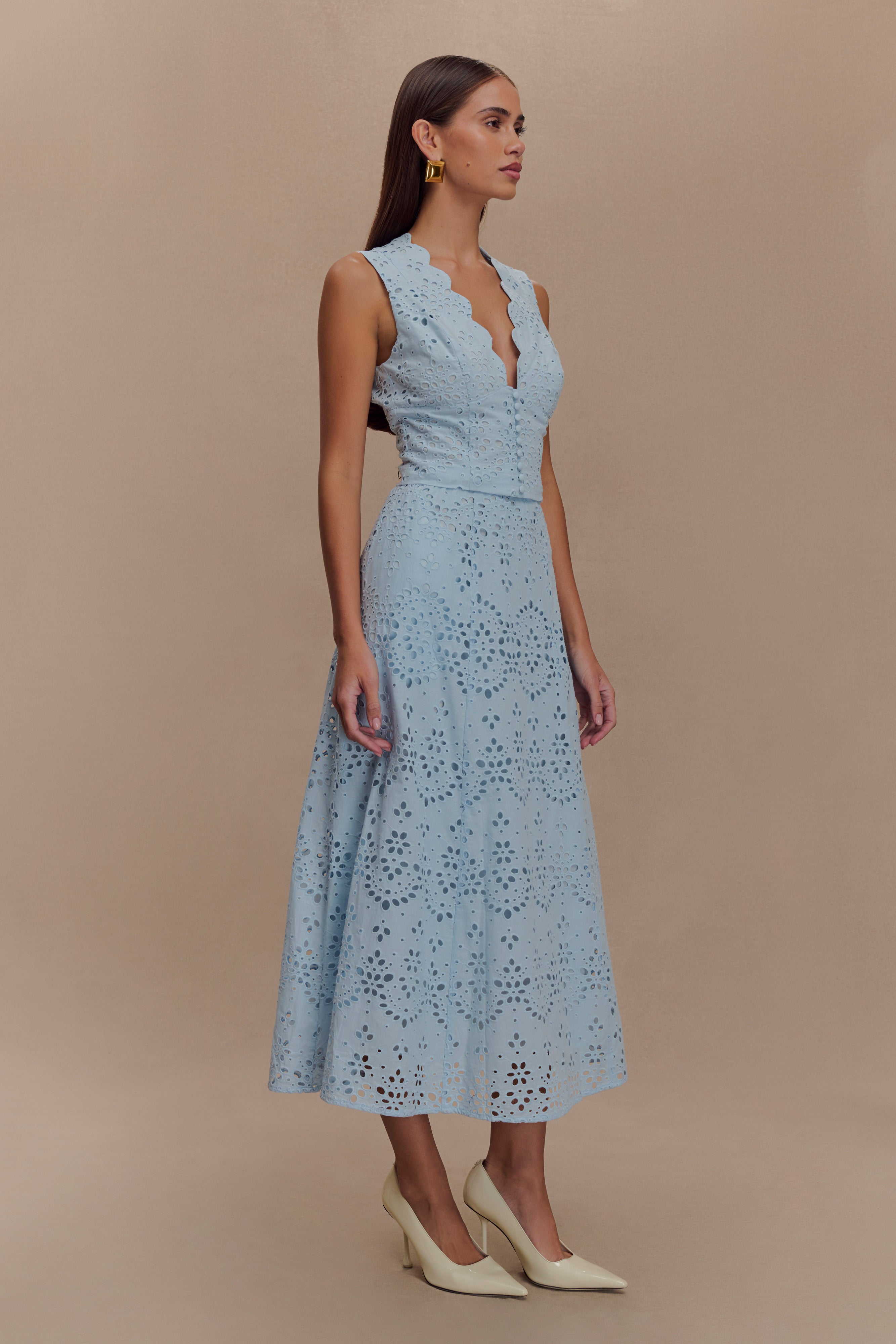 Arla Sleeveless Broderie Top - Pale Cornflower Blue