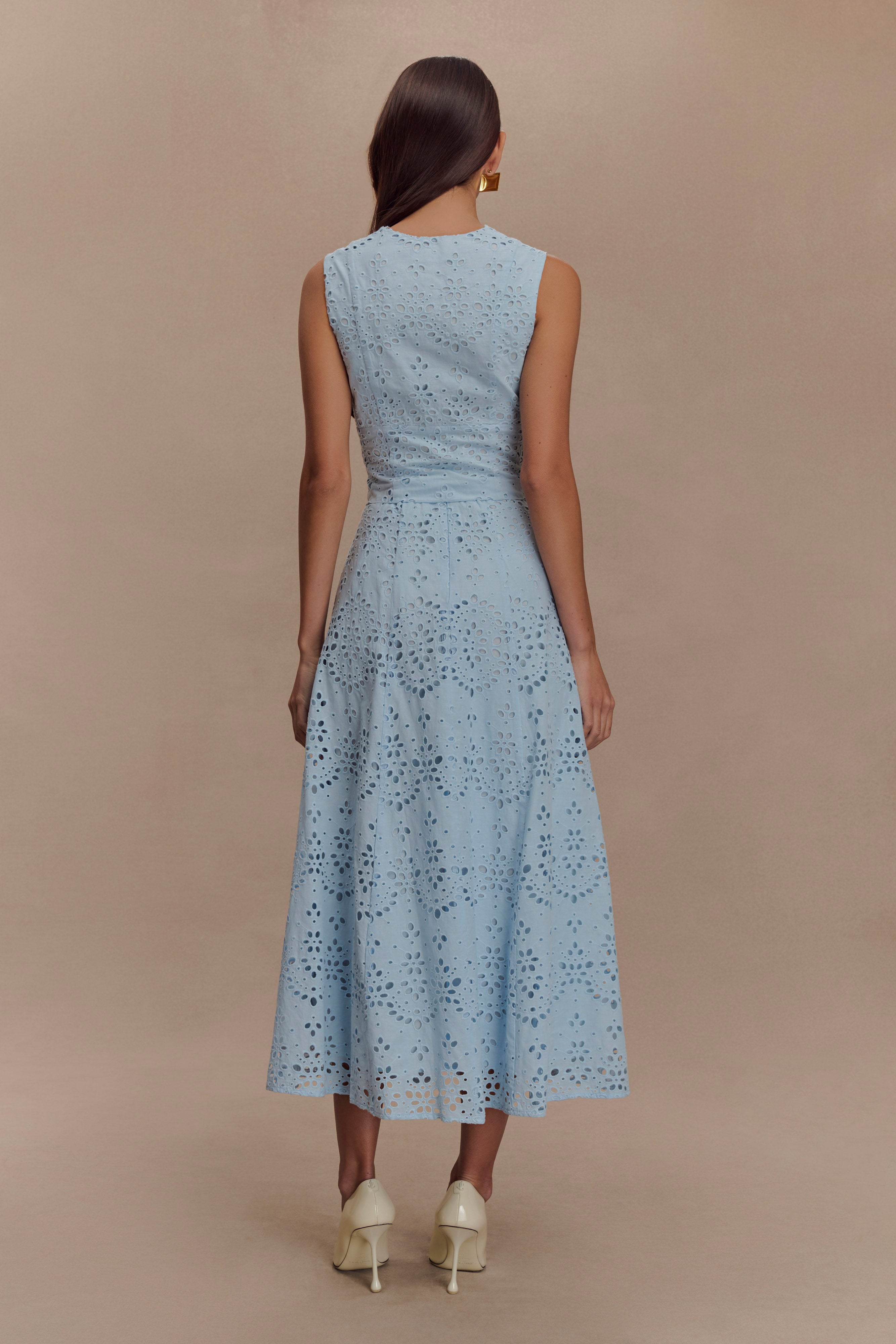 Arla Broderie Midi Skirt - Pale Cornflower Blue