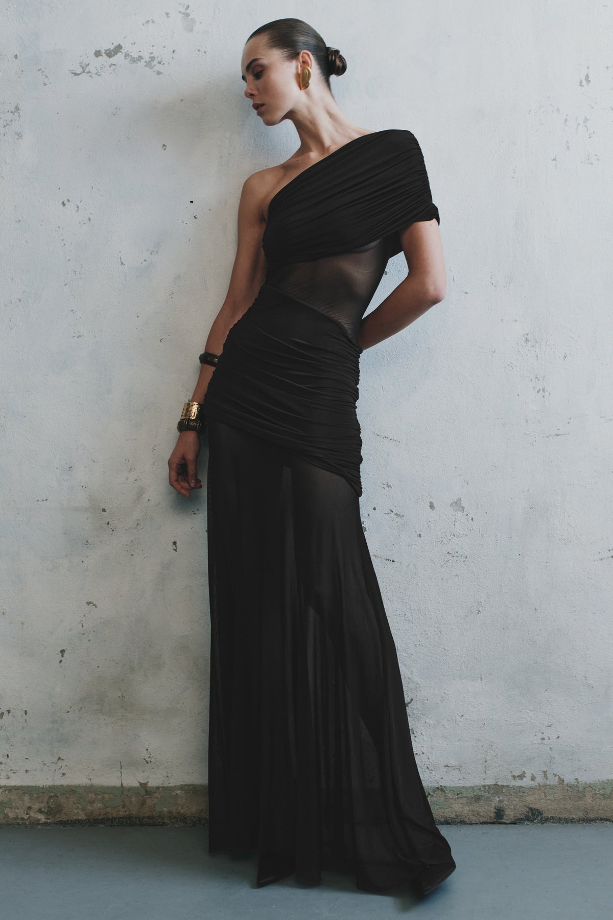 Dallas One Shoulder Mesh Maxi Dress - Black