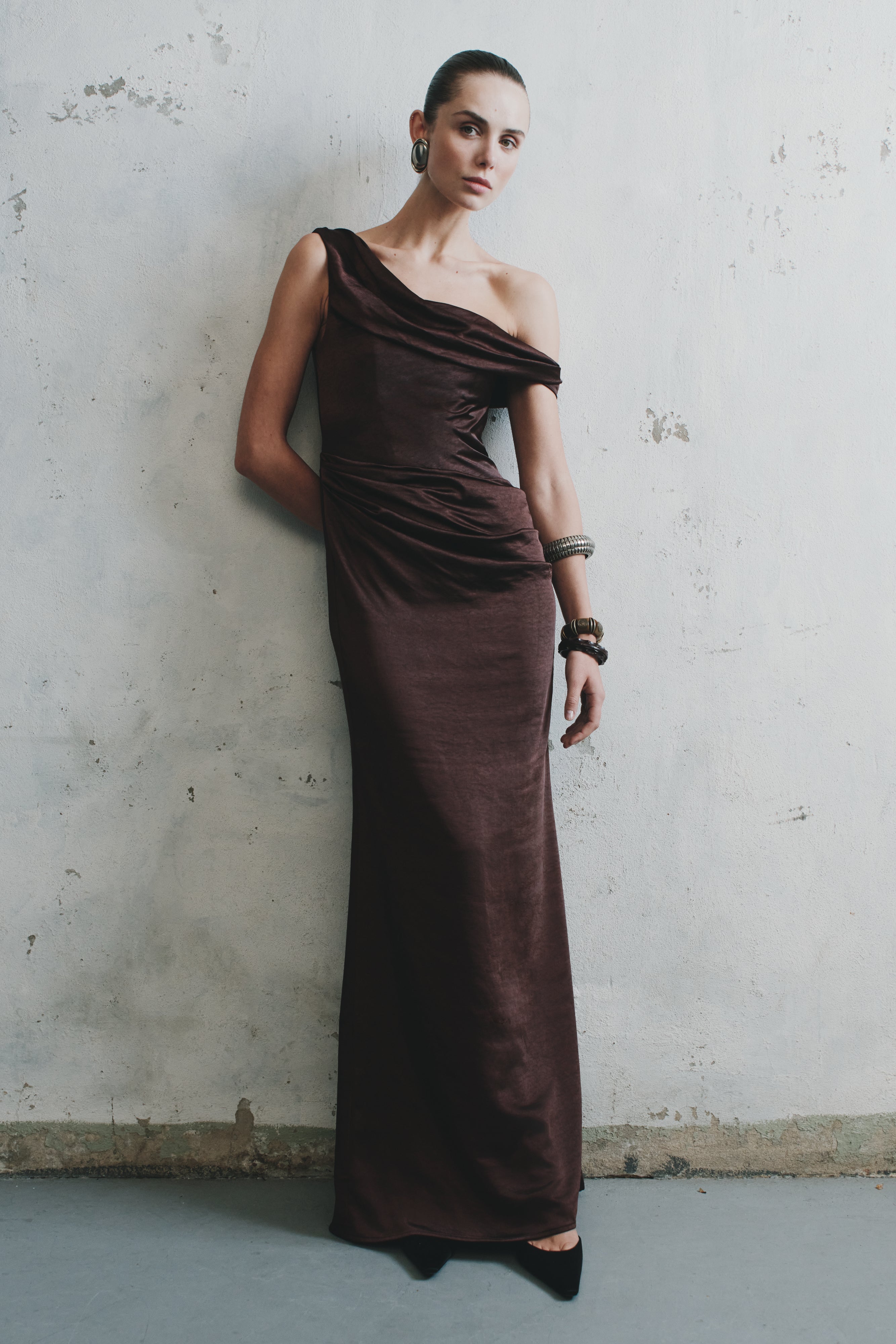 Dalia Off Shoulder Satin Maxi Dress - Dark Chocolate