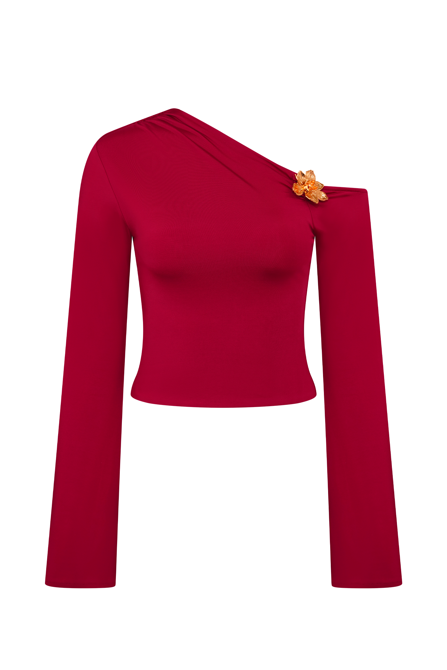 Ainsley Asymmetrical Long Sleeve Top With Floral Hardware - Fuchsia Pink