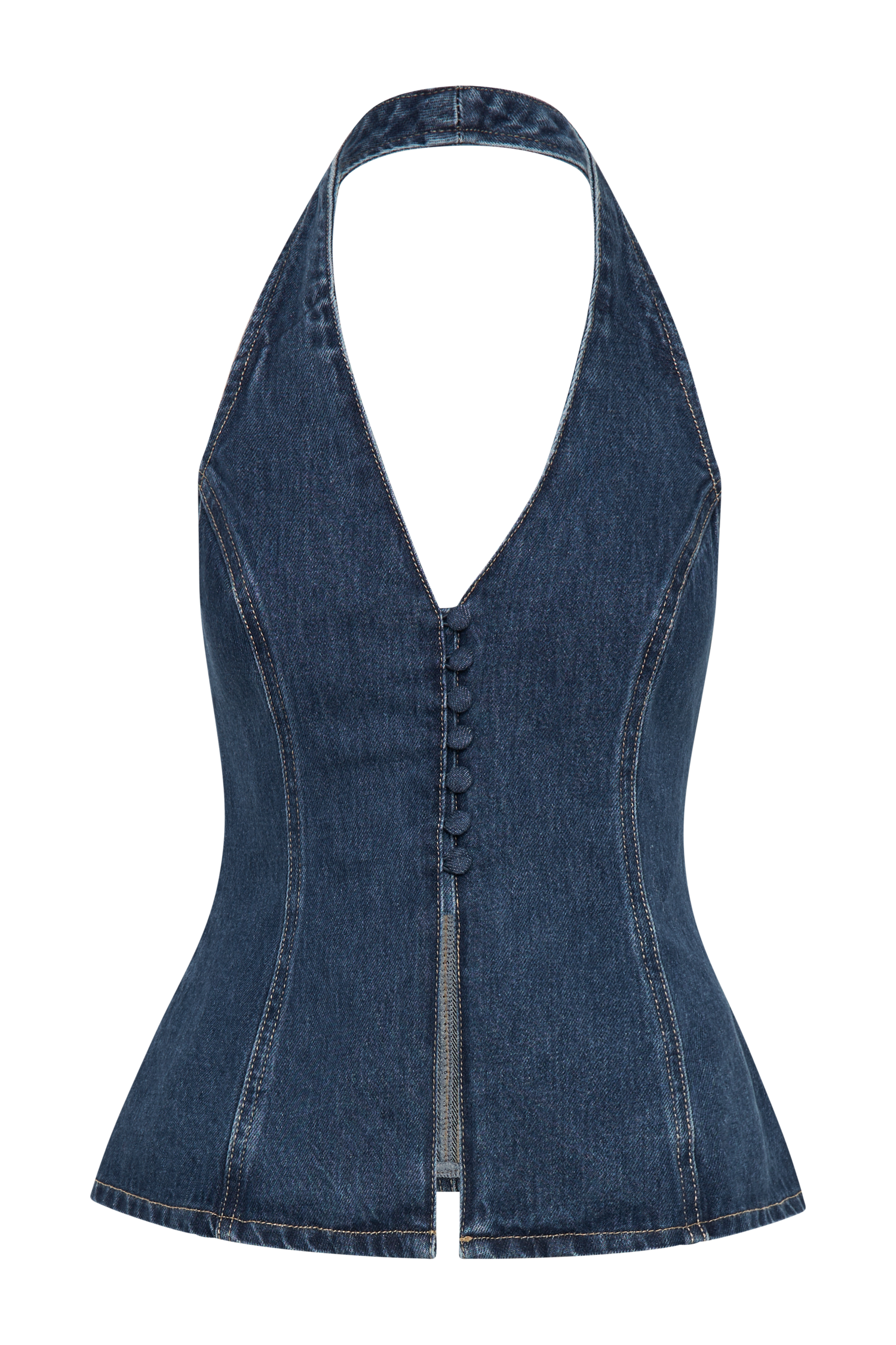 India Button Front Halter Denim Longline Top - Dark Blue