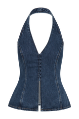 India Button Front Halter Denim Longline Top - Dark Blue