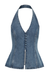 India Button Front Halter Denim Longline Top - Washed Mid Blue