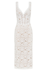 Doria Lace Plisse Midi Dress - Ivory
