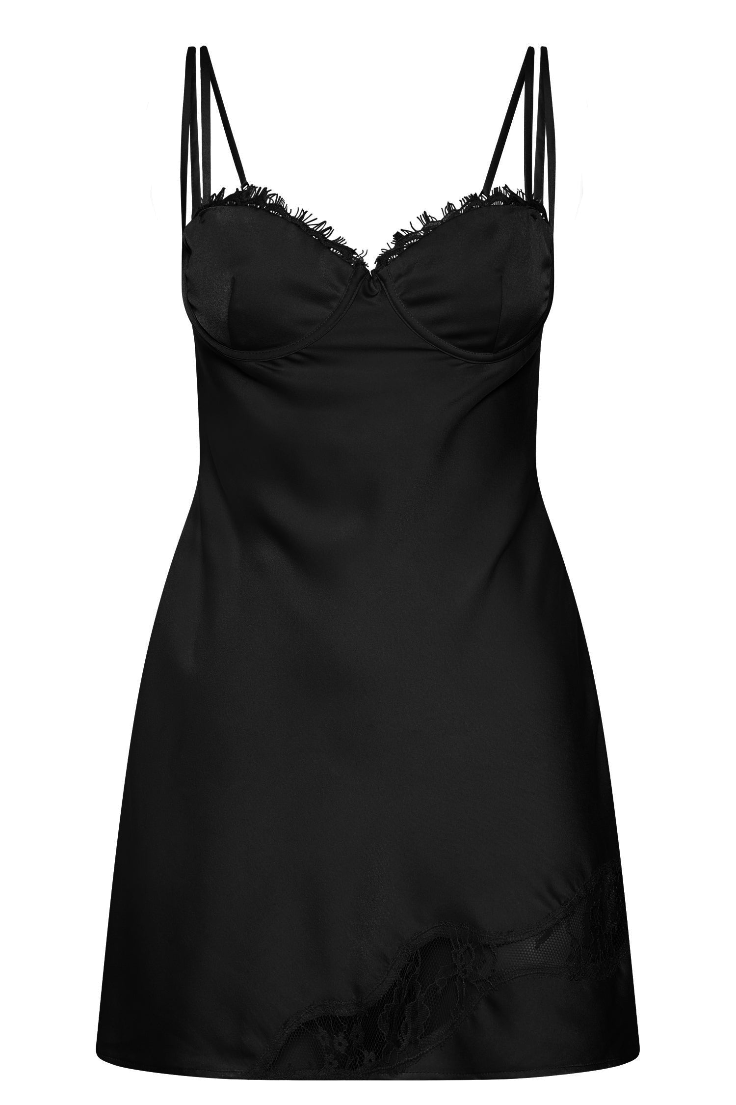 Joslyn Satin Lace Slip Mini Dress - Black