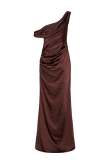 Dalia Off Shoulder Satin Maxi Dress - Dark Chocolate