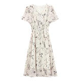 National Feng Shuo Ink Printing V-Neck Dress Women 2025 Summer New Lotus Leaf Sleeve Mother Chiffon Skirt HZ1220