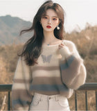 Autumn Fashion Style Sweater Korean Soft-Creative Languid Lazy Super-Good-Looking White Striped Print Sweater HZ1208