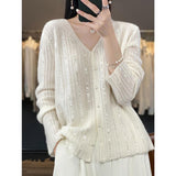Autumn/Winter 2025 New Cardigan Women's V-Necked Squints Sweater Jacket Loose Pearl Buckle Knitting Top HZ1220