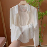 Summer New French Fashion Design Slid Sun Protection Blouse POLO Thin Perspective White Shirt Woman HZ1208