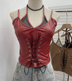 Real Shooting Locomotive Punk Pu Splicing Fishing Net Hanging Neck Sling Vest Babes Wearing Rope Repair Short Blouse 8106 HZ1208