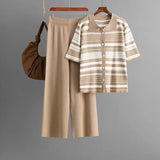 New Women's Two-Piece Set Of Polo Tie Striped T-Shirt High-Waisted Broad Leg Pants Fashion Two-Piece HZ1220