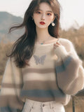 Autumn Fashion Style Sweater Korean Soft-Creative Languid Lazy Super-Good-Looking White Striped Print Sweater HZ1208