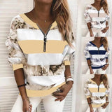 2025 Women's New Digital Printing Zipper V-Neck Loose Leisure Clothing Long-Sleeved Top HZ1220