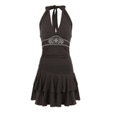 Light-Cooked Style Retro Embroidery Patterned Waist Dress Sexy Deep V-Neck Hanging Neck High-Waisted Lotus Leaf Side Skirt HZ1220