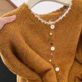 Korean Retro Wavy Collar Color Button Design Knitted Cardigan Women Loose Soft-Creative Sweater Jacket Autumn HZ1208