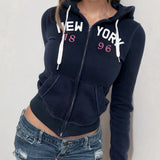 Vintage Letter Printing Rope T-Shirt Zip Hooded Casual Coat Woman 2025 Autumn And Winter New Top Tide HZ1220