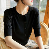 Micro-Permeable Knitted Jersey Women's Early Spring Round Collar Collar In The Middle Sleeve Ice Silk Thin Model Hit The Bottom Of The Coat Female Ocean HZ1208