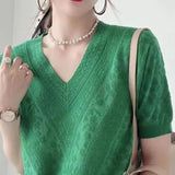 European Goods Design Sense V-Neck Knitted T-Shirt Girl 2025 Spring And Summer New Loose Fashion Thin Short-Sleeved Knitwear HZ1220