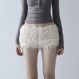 Spice Girls White Plush Low-Waist Shorts 2025 Autumn And Winter New Fashion Casual Tight Warm Pants Women's Trend HZ1220