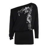 Hexian Dark Black Style Retro Print Irregular Design Slanted Shoulder Skirt Street Personality Loose Thin Dress HZ1220