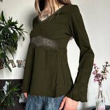 Vintage V-Neck High-Waisted Skirt-Shaped Long-Sleeved T-Shirt Women's Embroidered T-Sleeve Design-Sleeve Blouse HZ1220