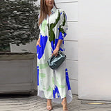 2025 Spring And Summer Women's Fashion Casual Printing Loose Open Fork Bag Long Shirt Shirt Dress HZ1220