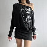 Hexian Dark Black Style Retro Print Irregular Design Slanted Shoulder Skirt Street Personality Loose Thin Dress HZ1220