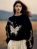 Black Butterfly Print Sweater Women 2025 Autumn And Winter New Loose This Year's Popular Beautiful Design Knitting Top HZ1208